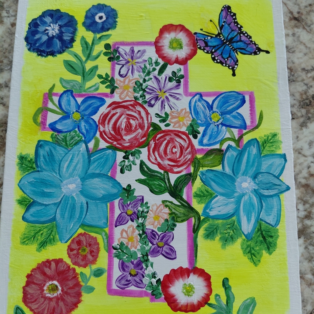 Floral Cross Art with Butterfly 8x10